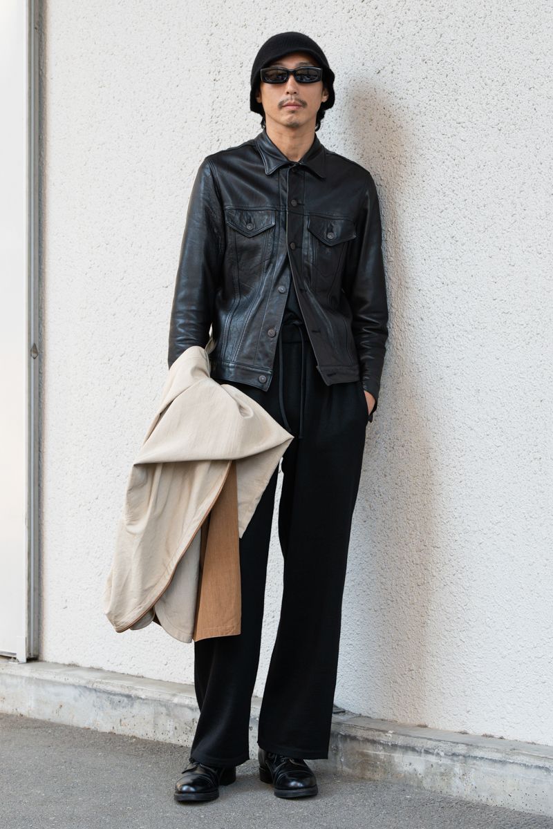 コート＝古着　ジャケット＝リーブルメント　パンツ＝エーディーエーエヌ　シューズ＝不明　帽子＝ジ エルダーステイツマン　眼鏡＝レトロスーパーフューチャー