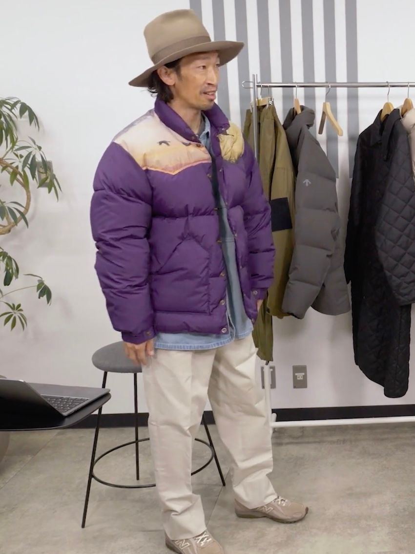 ハラ（178cm、60kg）は「ニードルズ × ロッキーマウンテンフェザーベッド」の48サイズを着用