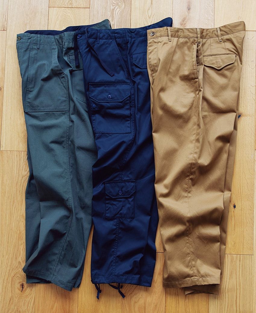 左●ファティーグパンツ2万9700円、 中●フライトパンツ6万7100円、右●オフィサーパンツ4万8400円／すべてエンジニアド ガーメンツ　03-6419-1798