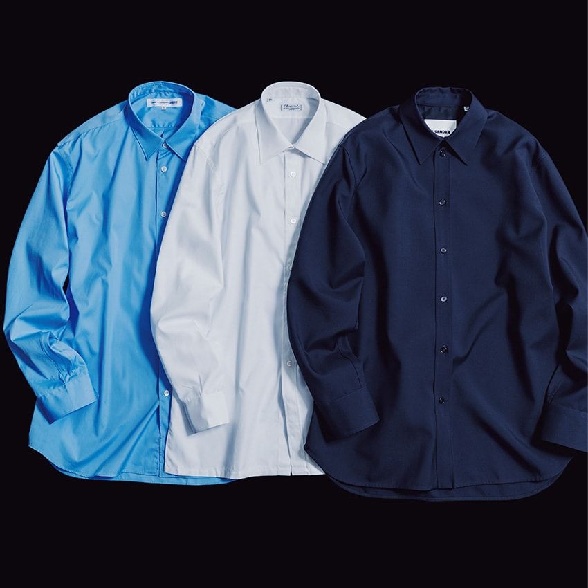 左から5万2800円/コム デ ギャルソン・シャツ(コム デ ギャルソン 03-3486-7611)、10万1200円/シャルべ(メゾン エ ヴォヤージュ 麻布台ヒルズ店 03-5797-8515)、18万1500円/ジル サンダー(ジルサンダージャパン 0120-998-519)