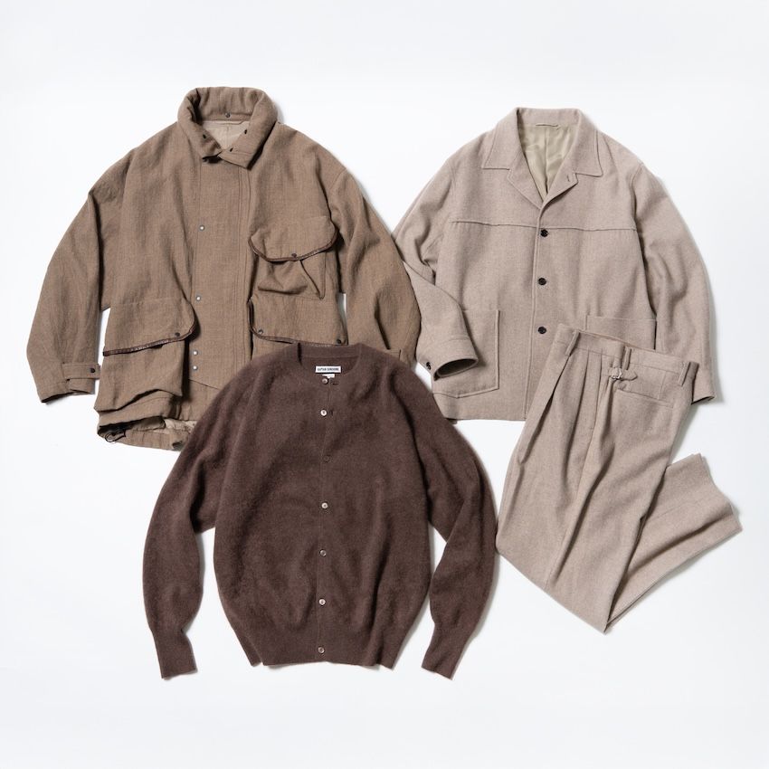 （左上から時計回り）ジャケット 13万2000円、シャツジャケット 17万6000円、パンツ 13万2000円、ニットカーディガン 8万6900円／すべてキャプテン サンシャイン（03-6712-6830）