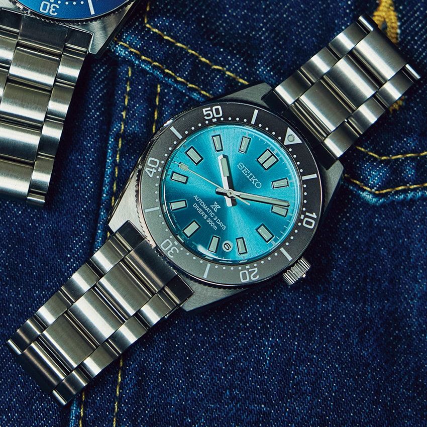 「セイコー プロスペックス ダイバーズ 1965 ヘリテージ Save the Ocean 限定モデルSBDC221」沖縄の美しい海をダイヤルカラーで表現したSave the Ocean 限定モデル。鮮やかな発色のブルーをグレーのベゼルで引き締めている。世界限定4000本（うち国内1000本）、SSケース、40㎜径、自動巻き。19万2500円／セイコー プロスペックス（セイコーウオッチ　0120-061-012）