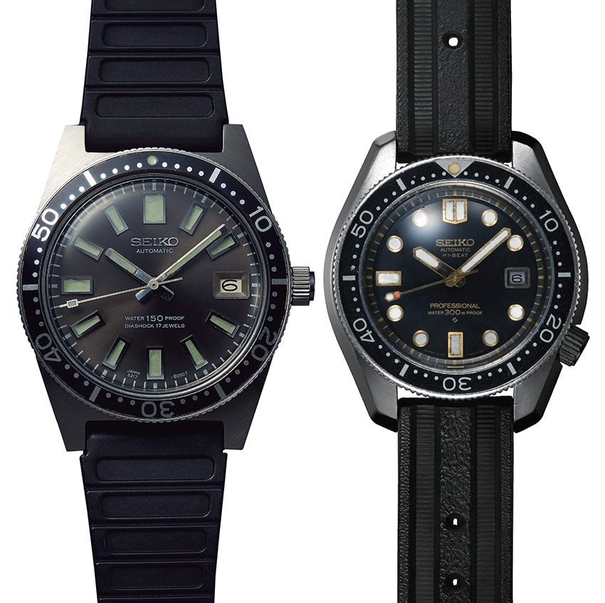 左の「1965 ダイバー」は、1960年代に南極地域観測隊の腕時計として採用。セイコーの特殊時計開発の原点だ。右の「1968 ダイバー」は、裏蓋を持たないワンピース構造と4時位置のリュウズが特徴。冒険家、植村直己がエベレスト登頂時に着用したことでも知られる。