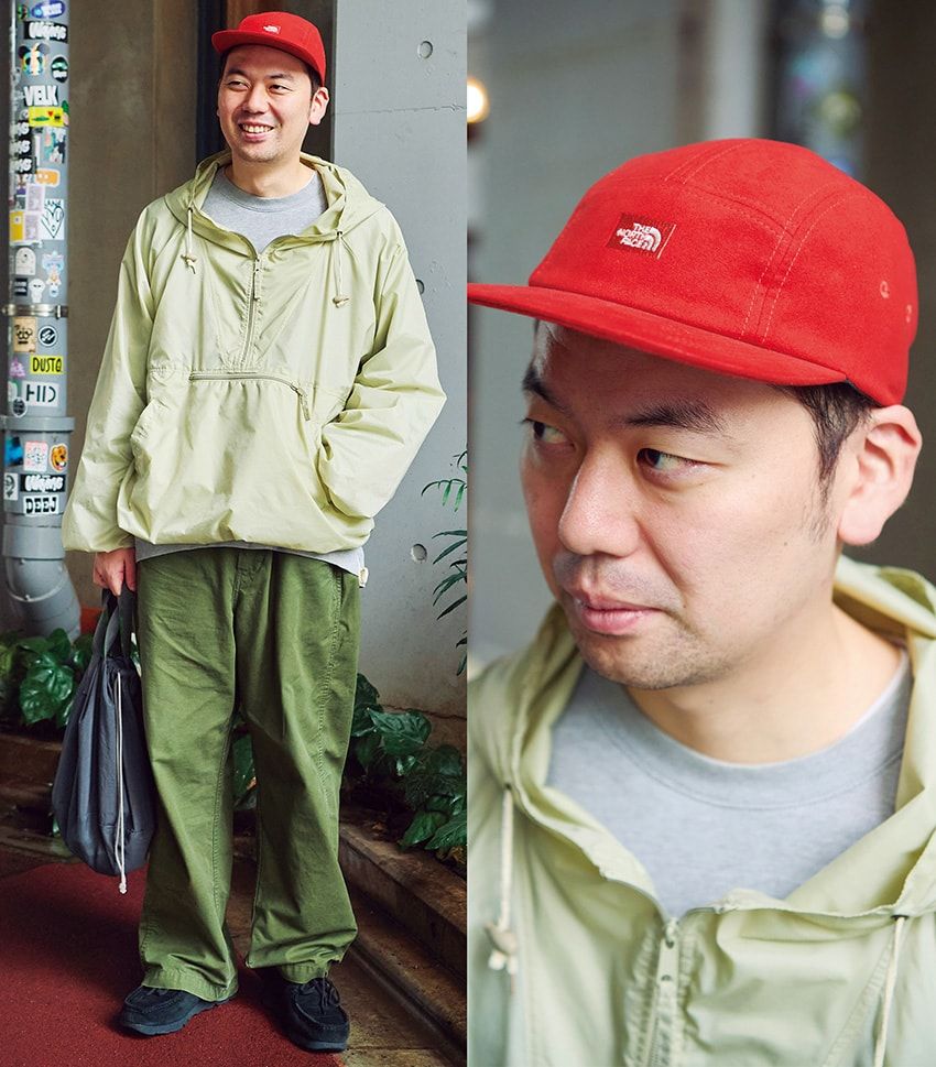 帽子＝ザ・ノース・フェイス　アノラック＝古着　パンツ＝タップウォーター　靴＝クラークス オリジナルズ