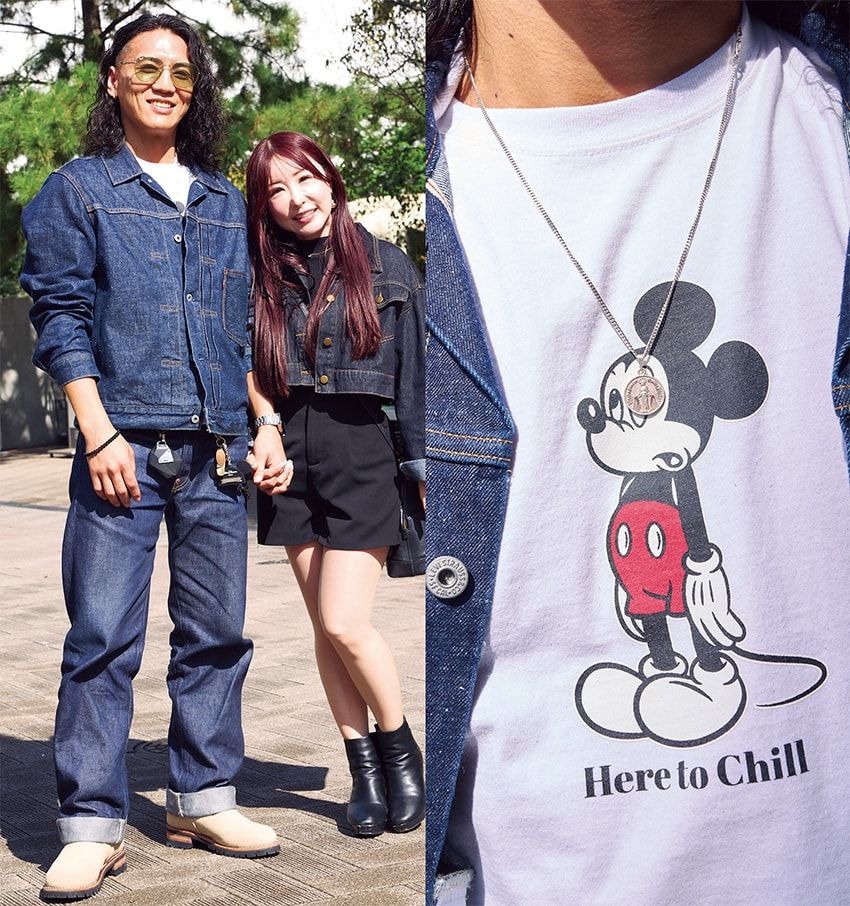 Tシャツ＝フリークス ストア　デニムジャケット、デニム＝リーバイス　靴＝ショット