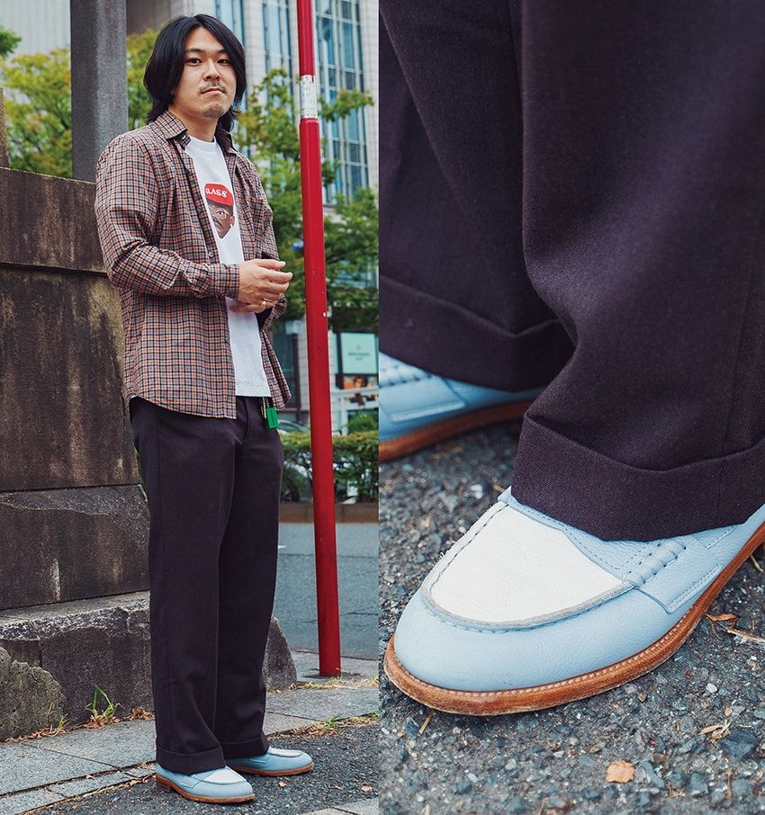 靴＝ディースクエアード　シャツ＝サルヴァトーレ ピッコロ　Tシャツ＝ゴルフワン　パンツ＝ベルナール ザンス