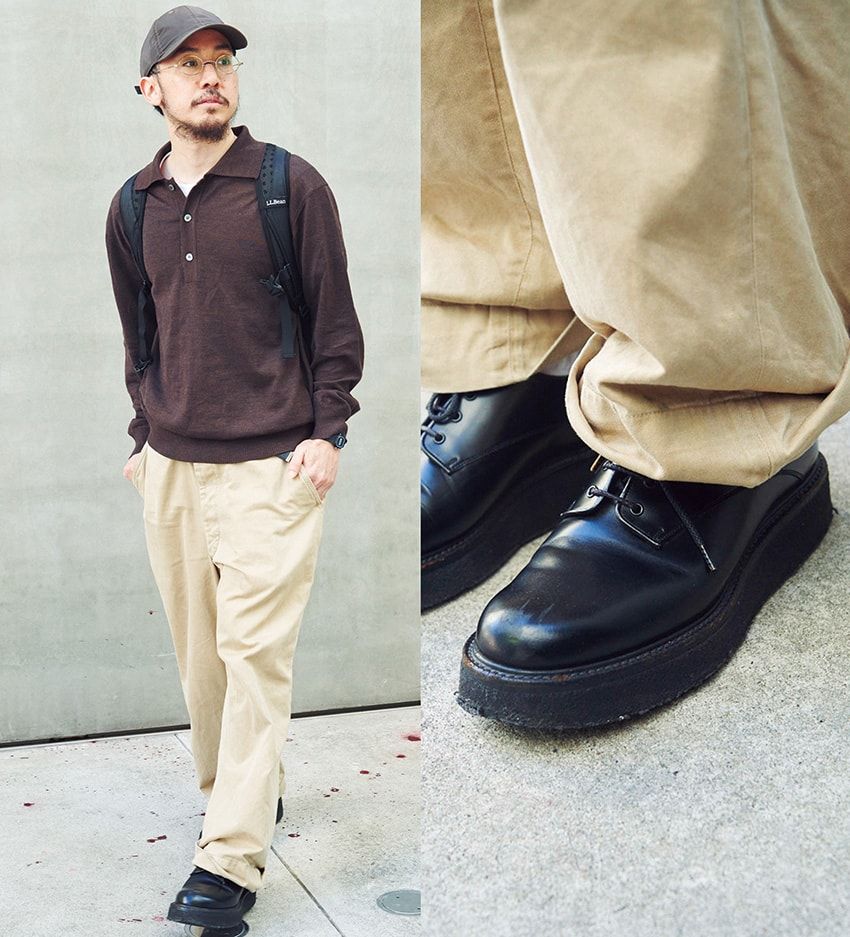 靴＝フットザコーチャー　ポロシャツ＝アナザー アスペクト　パンツ＝古着　帽子＝アワーレガシー