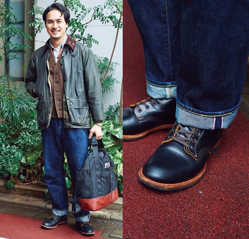 ブーツ＝レッドウィング　ジャケット＝バブアー　ベスト＝フィルソン　デニム＝モモタロウジーンズ