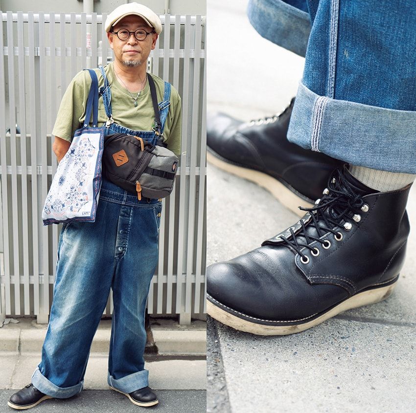 ブーツ＝レッドウィング　Tシャツ＝ユニクロ　オーバーオール＝リー