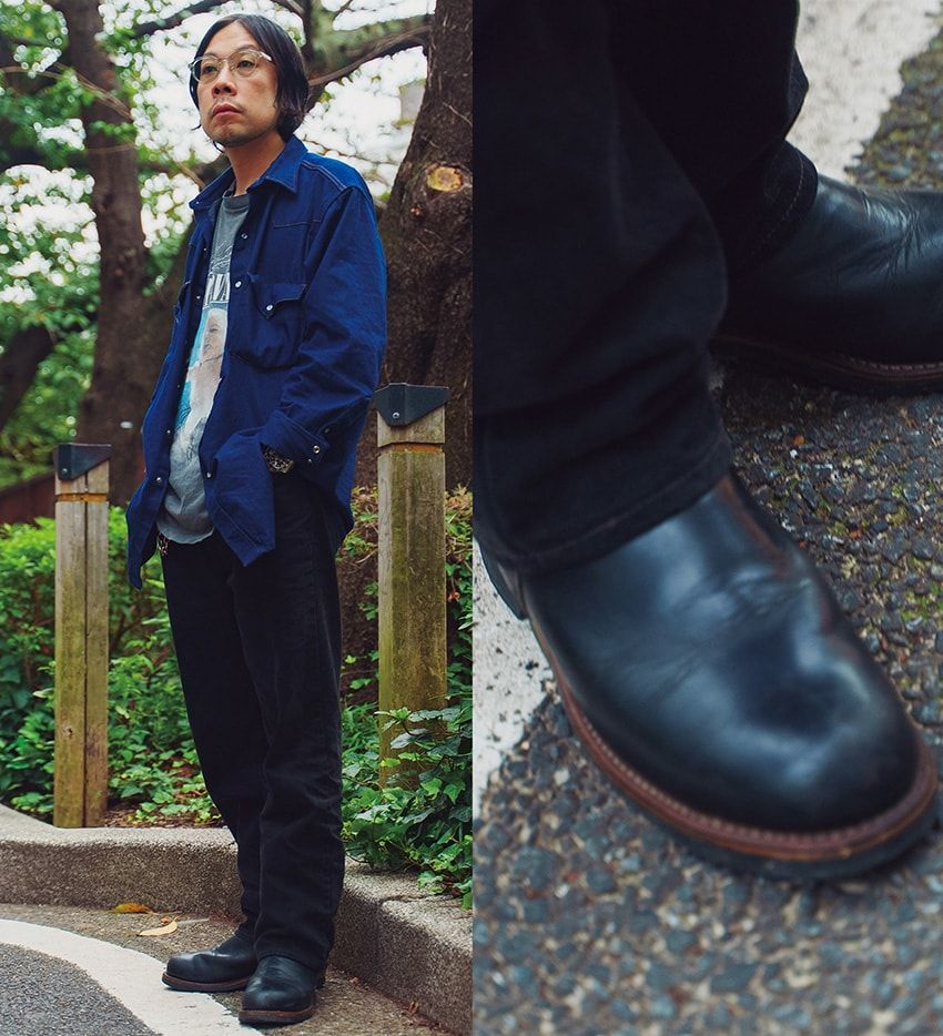 ブーツ＝レッドウィング　シャツ＝カーハート　Tシャツ＝不明　デニム＝リーバイス