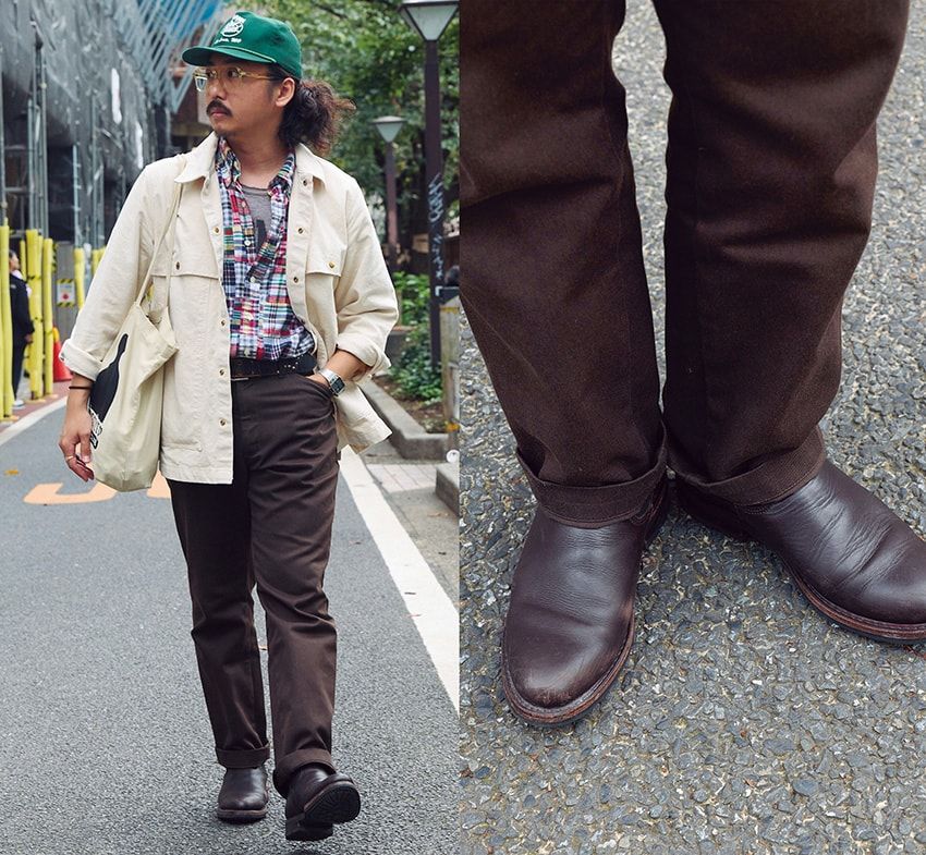 ブーツ、ジャケット＝フィルソン　シャツ＝ブルックス ブラザーズ　パンツ＝ラディアル