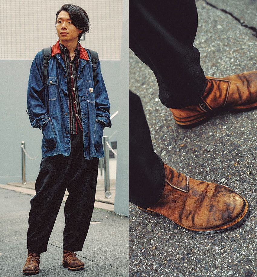 ブーツ＝不明　ジャケット、シャツ＝古着　パンツ＝GU