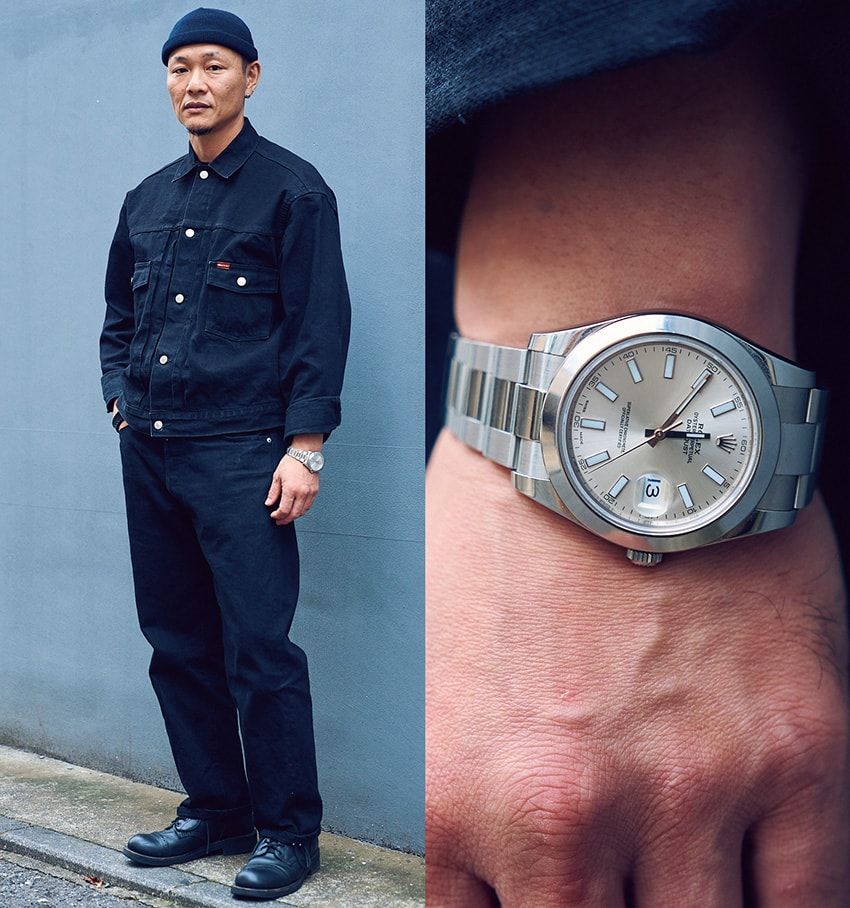 腕時計＝ロレックス　デニムジャケット、デニム、帽子＝タイムイズオン　靴＝クライミー