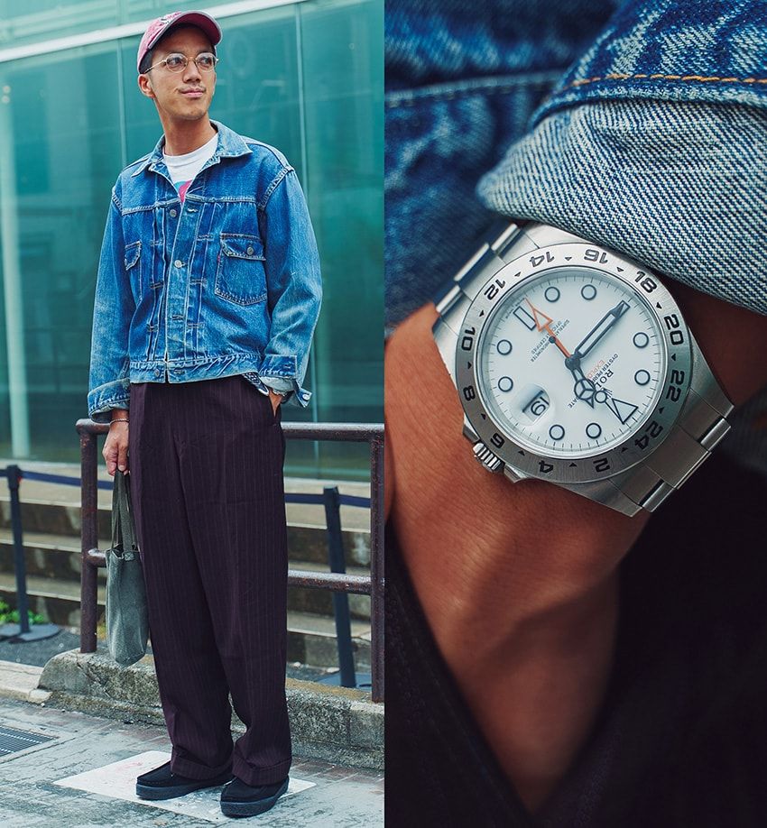 腕時計＝ロレックス　デニムジャケット＝リーバイス　パンツ、帽子＝不明　スニーカー＝ラストリゾート エービー