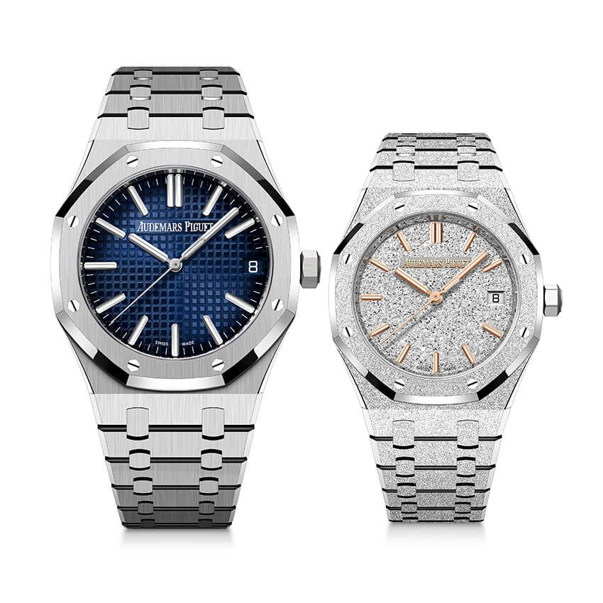 左●「ロイヤル オーク オートマティック」K18ホワイトゴールドケース、41㎜幅、自動巻き。995万5000円、右●「ロイヤル オーク フロステッドゴールド」K18ホワイトゴールドケース、34㎜幅、自動巻き。940万5000円／ともにオーデマ ピゲ ジャパン 03-6830-0000