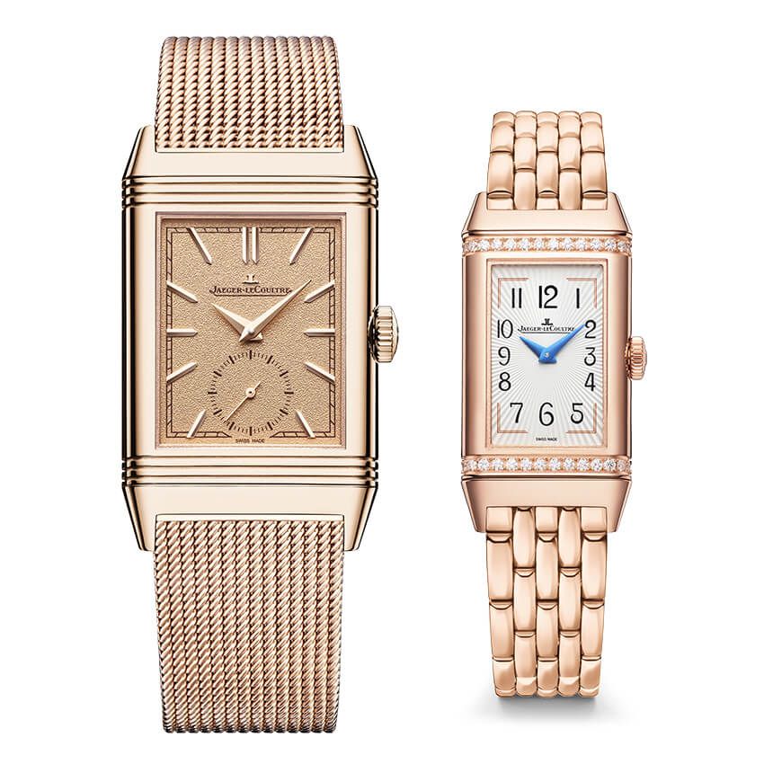 左●「レベルソ・トリビュート」K18ピンクゴールドケース、縦45.6×横27.4㎜、手巻き。660万円、右●「レベルソ・ワン」K18ピンクゴールドケース、縦40.1×横20㎜、手巻き。677万6000円／ともにジャガー・ルクルト 0120-79-1833