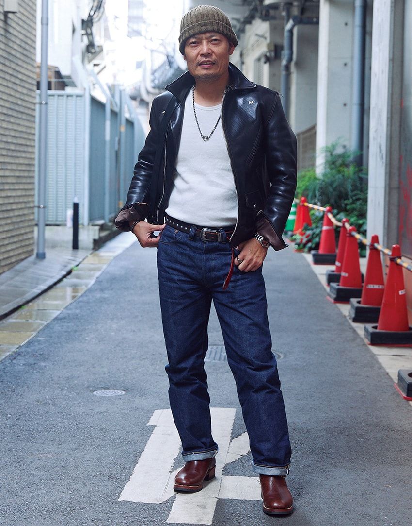 ライダーズ＝ファインクリークレザーズ　デニム＝スラッシュ オーバーオールズ　ブーツ＝ジョンロフグレン