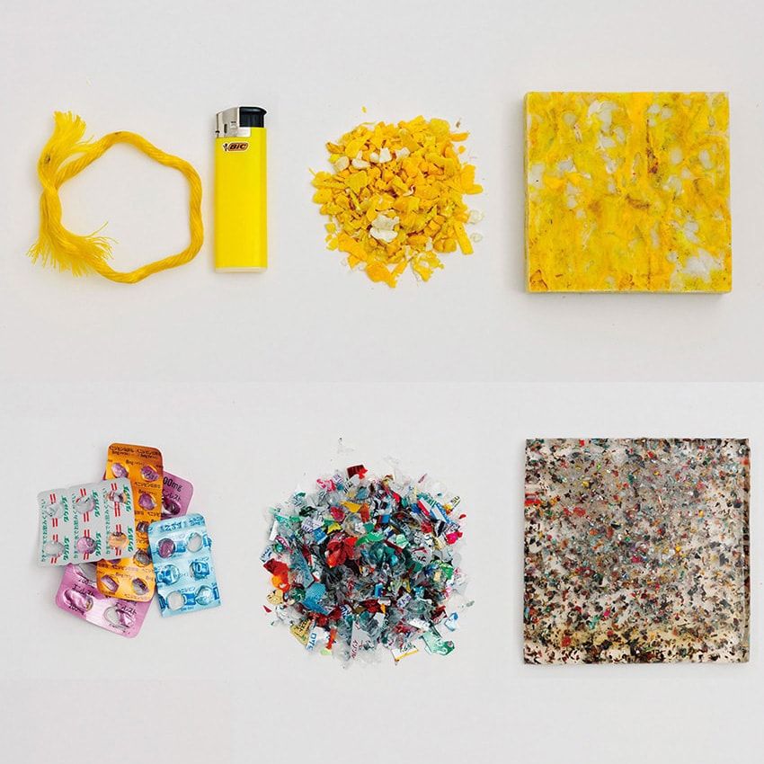 使い終えたライターなど身近な黄色のプラスチックから（上）。薬を服用し終えて残されたカラフルなプラスチック包装シートから（下）。美しい板材をはじめ、共創企業とともに線路の枕木、クルマの内装樹脂部分、物流パレットなど多くの製品を作り出してきた。