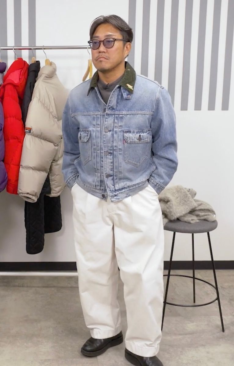 キクチさん（171cm、70kg）は「リーバイス × バブアー」のMサイズを着用