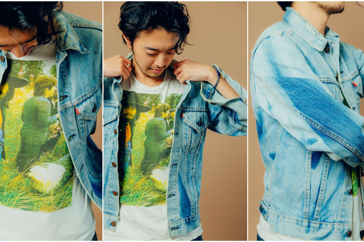 ジャケットに合わせたのは、兄から譲り受けたというフォトTシャツ。ポール・マッカートニーの初妻・リンダが’68年に撮影し、ビートルズとポールの愛犬・マーサが写ったレアモノ。