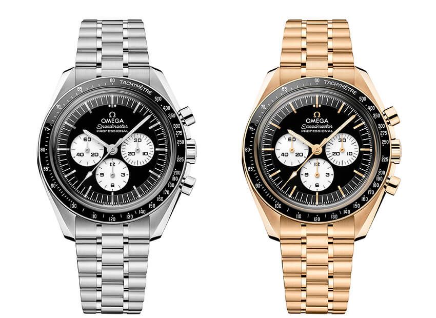 「スピードマスター ムーンウォッチ ブラック ホワイト」 左●SSケース、42㎜径、手巻き。147万4000円、右●K18ムーンシャインゴールドケース、42㎜径、手巻き。697万4000円／ともにオメガ 0570-000087