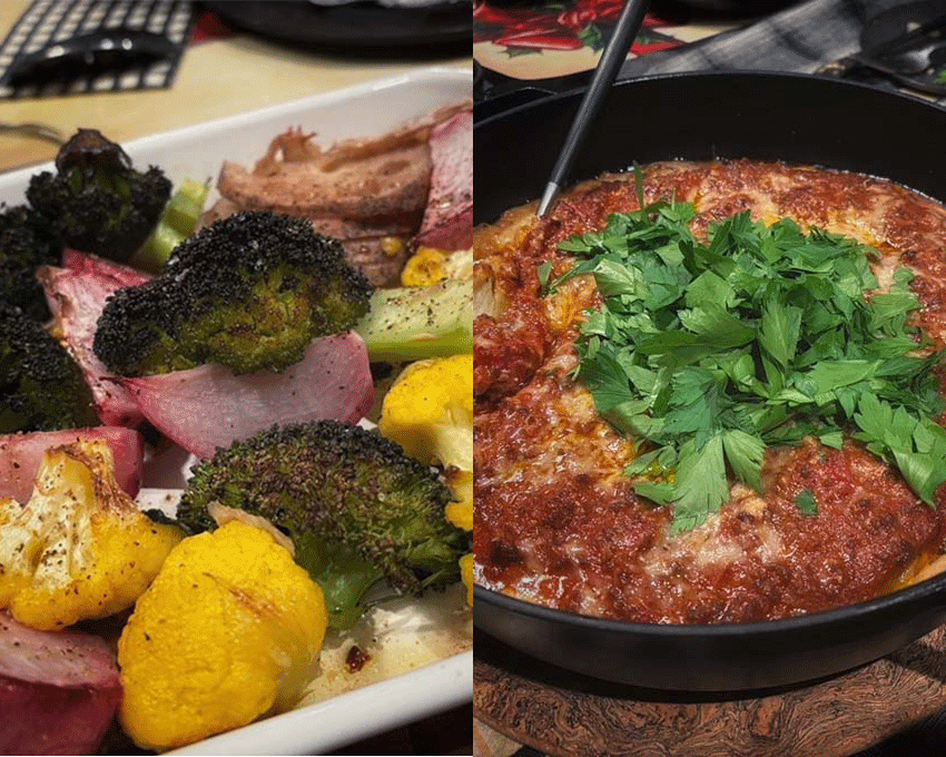 左はオーブンを用いた野菜のグリル。じっくり火を通した後に、仕上げにサラマンダー機能で焼き目をつけるのがおすすめ。右は、ナスを入れたラザニア。オーブンレンジには大型のダッチオーブンも入れられるので、取り分けて楽しむような豪快な料理も楽しめる。