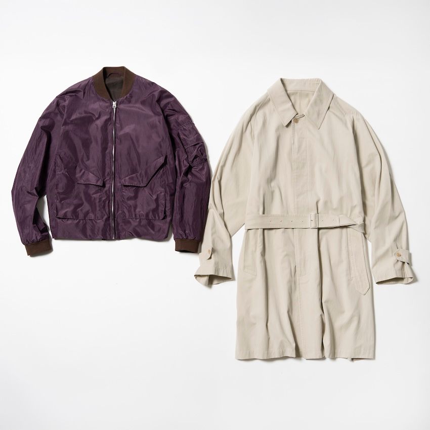 （左から）ブルゾン9万9000円／キャプテン サンシャイン　03-6712-6830、コート9万9000円／イレーヴ　03-5785-6447