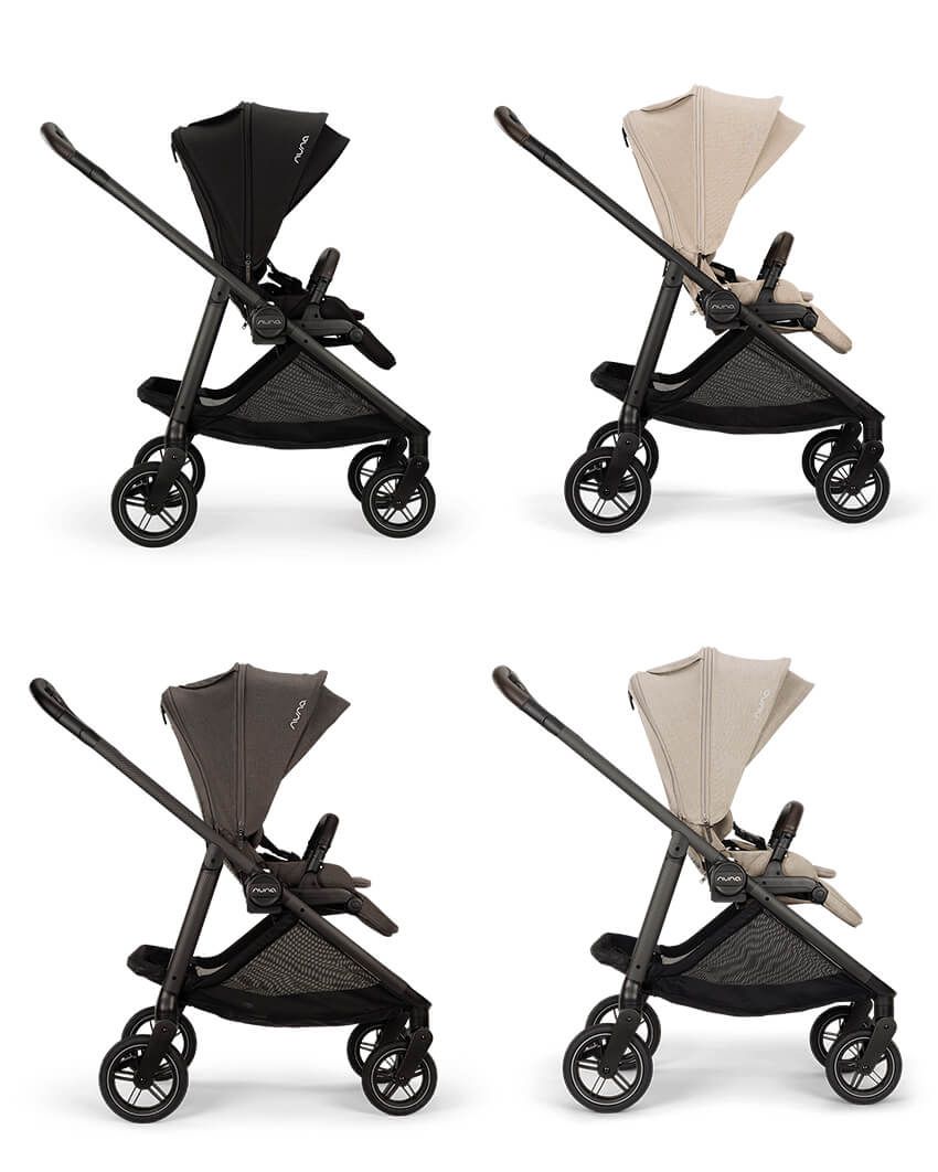 カラバリは左上からキャビア、ビスコッティ、サンダー、シャトーベビーカー。各W54×D94.5×H106cm［折りたたみ時W54×D37×H78cm］ 12万6500円／ヌナ（カトージ　0120-717-178）