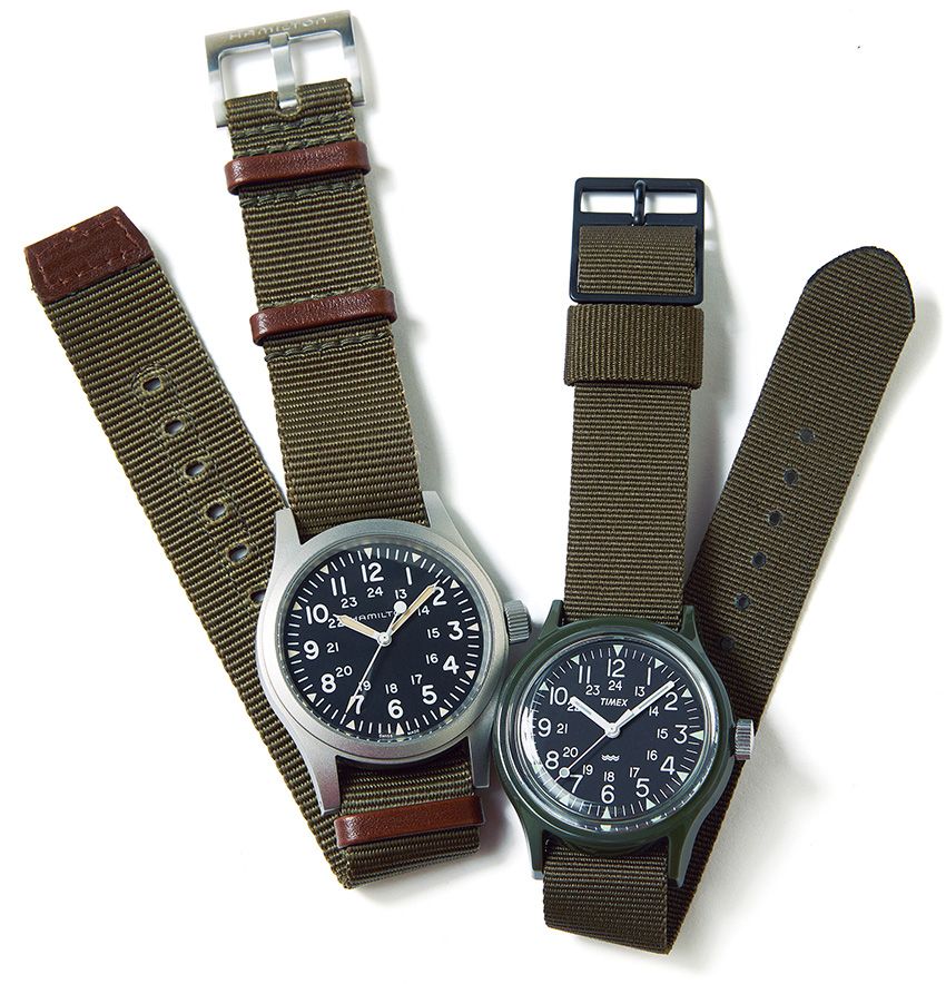 右●レジンケース、36㎜径、クオーツ。1万890円／タイメックス（ウエニ貿易　03-5815-3277）、左●SSケース、38㎜径、自動巻き。8万9100円／ハミルトン（スウォッチ グループ ジャパン　03-6254-7371）