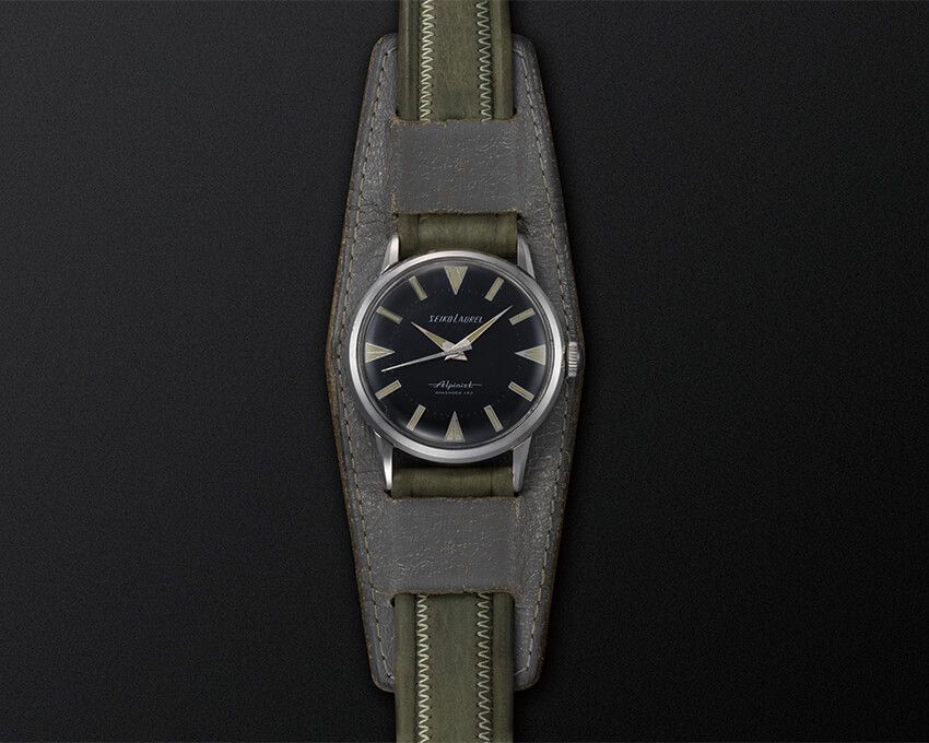 レジャーブームの到来に先駆け、1959年に生まれた「ローレル アルピニスト」。タフなスクリューバックや夜光塗料が塗布された針＆インデックスを備えた、セイコースポーツウォッチの原点となるモデル