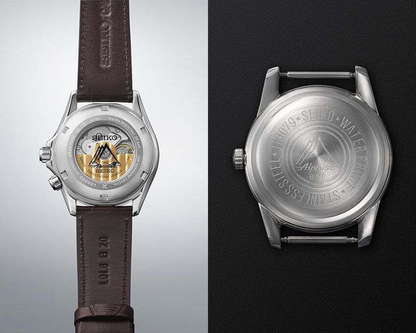 写真左が第4世代のスケルトンバック、写真右が1963年発売のアルピニスト の裏蓋。それぞれの中央に、同様の山脈モチーフが。