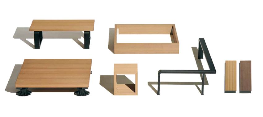 デッキのカラーは下段右のパネルを参照。クリエラスクR（左）とクリエモカR（右）から選べる。上段左から、ベンチモジュール900×445×290㎜ 6万6000円、フレームモジュール900×900×145㎜ 2万8600円、下段左から、デッキモジュール 895×895×155㎜ 4万1800円、ボックスモジュール290×290×290㎜ 2万2000円、レールモジュール1338×702.5×290㎜ 3万8500円／すべてモジュールガーデン（リクシル モジュールガーデン窓口　modulegarden@lixil.com）