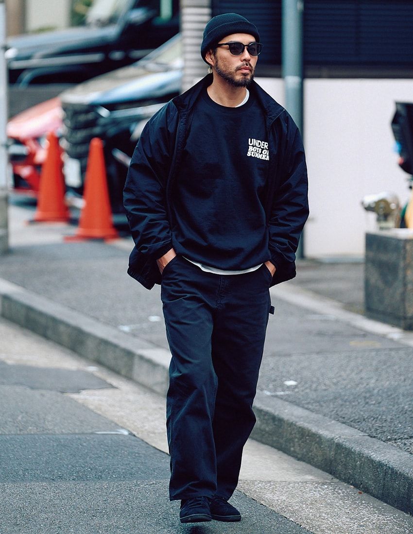 デニム＝古着　ジャケット＝ライト デイリー パースペクティブ　スウェット＝ロンハーマン アンダーアール　スニーカー＝アディダス　ニットキャップ＝ラカル