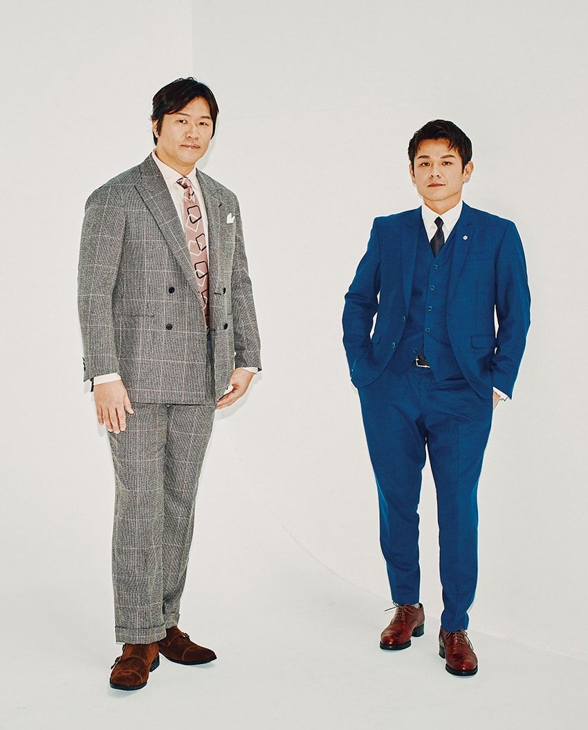 左●ジャケット5万4890円、パンツ3万2890円／ともにグービ、シャツ4389円、ネクタイ6589円／ ともにスーツスクエア（すべてスーツスクエア TOKYO GINZA　03-6264-4704）