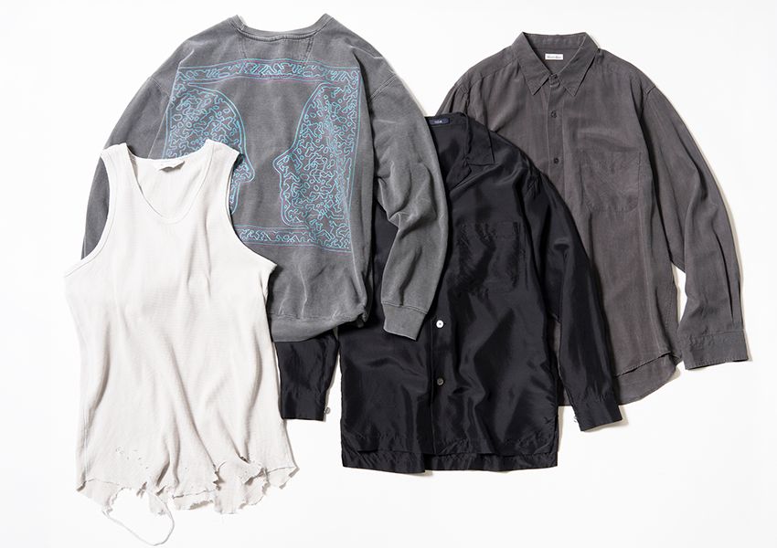 左から「アンセルム」のタンクトップ、「理容室ハンサム」のオリジナルスウェット、「イレーヴ」のシルクシャツ＆「スティーブンアラン」のシャツ