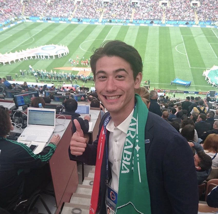 アナウンサー時代の国山さん。2018年のロシアワールドカップにて。