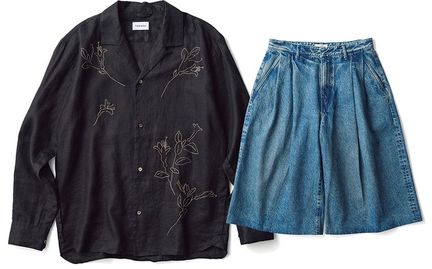 シャツ4万2900円、デニムショーツ3万8500円、シャツ4万2900円／ともにタナカ