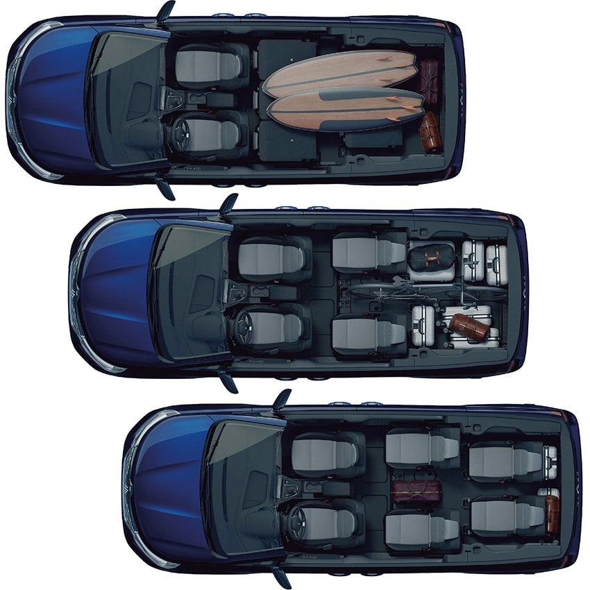 2列目、3列目シートを1脚ずつ取り外せることが大きなポイント。前席以外をすべて外すと荷室容量は3050L（！）で、2～3人で寝転がっても広々としている。3列目を取り外して2列目を後方にスライドするショーファードリブン仕様など、使い手の想像力が試される。