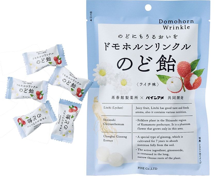 ドモホルンリンクルのスキンケア技術で培ったうるおい発想から生まれたキャンディー。楊貴妃も愛した美を象徴する果物として知られるライチの優しい甘みに、ほんのりミントを効かせた大人向きの味わい。80g 270円／パイン　077-563-8116