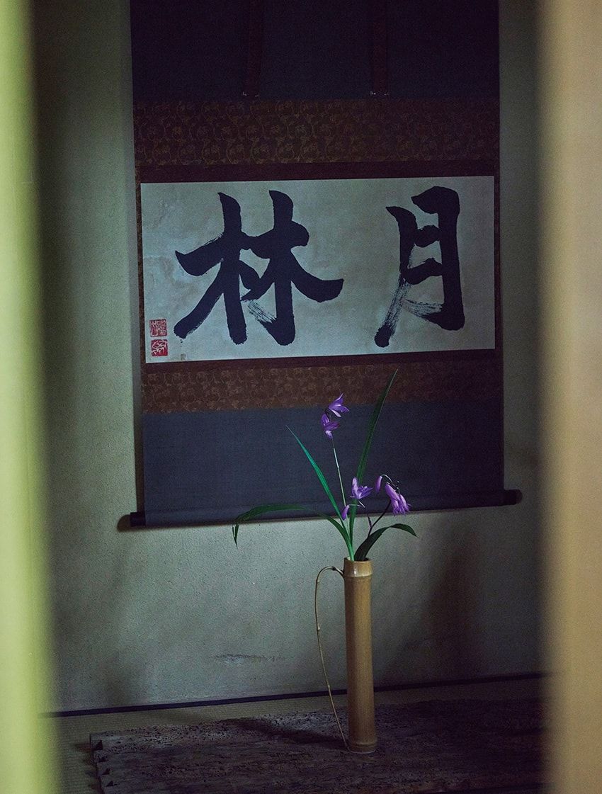 春分・秋分の軸線に合わせて設計された茶室「雨聴天」。にじり口（入り口）を開けると、差し込んだ光が壁面を照らす。その日は掛け物を外し、光そのものを愛でる。