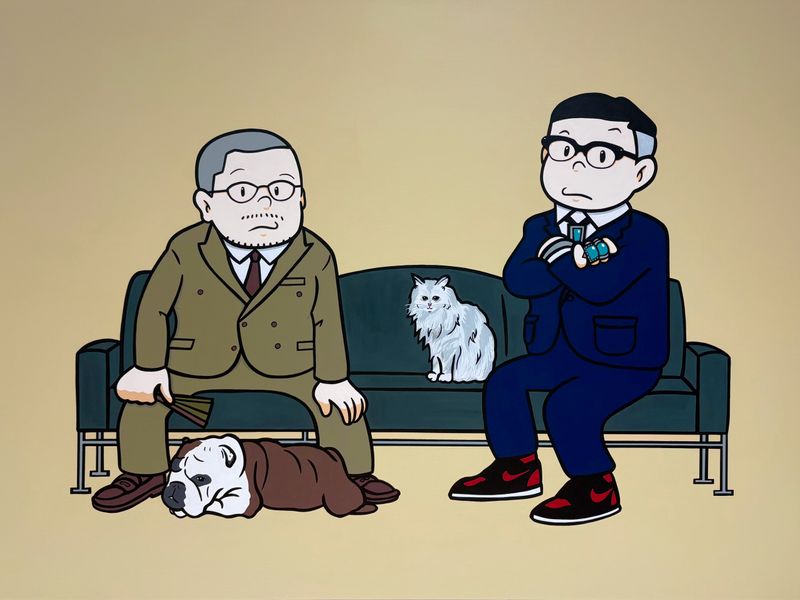 ギャラリーの応接室に飾られているのは、橋爪悠也氏に依頼した作品。木村さんと中野さん、それぞれの愛犬と愛猫、そして扇子やターコイズジュエリーなど、二人にとってのマストアイテムも描かれている。