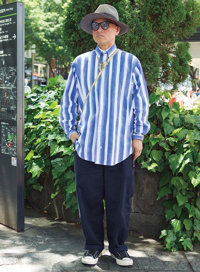 シャツ＝ポロ ラルフ ローレン　パンツ＝古着　スニーカー＝コンバース × N.ハリウッド