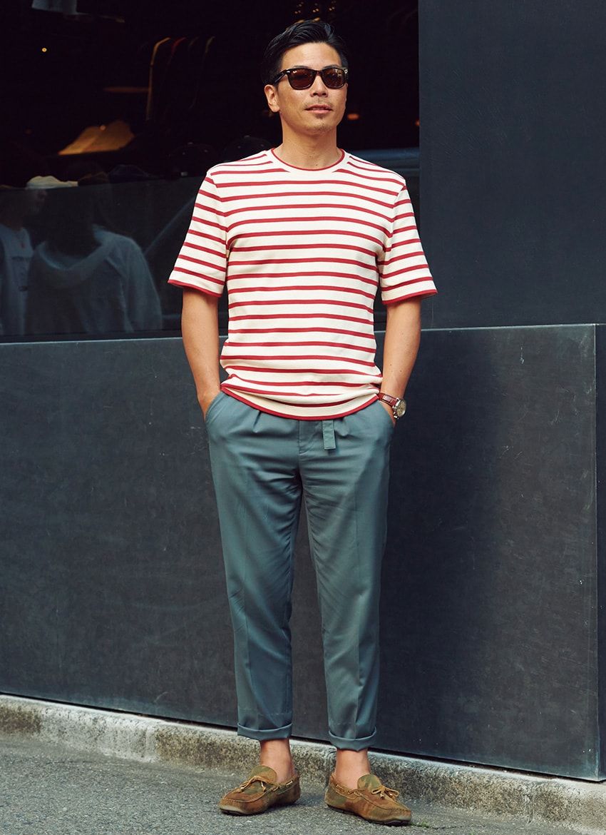 Tシャツ＝ジル サンダー　パンツ＝古着　サングラス＝レイバン　腕時計＝ポール・スミス