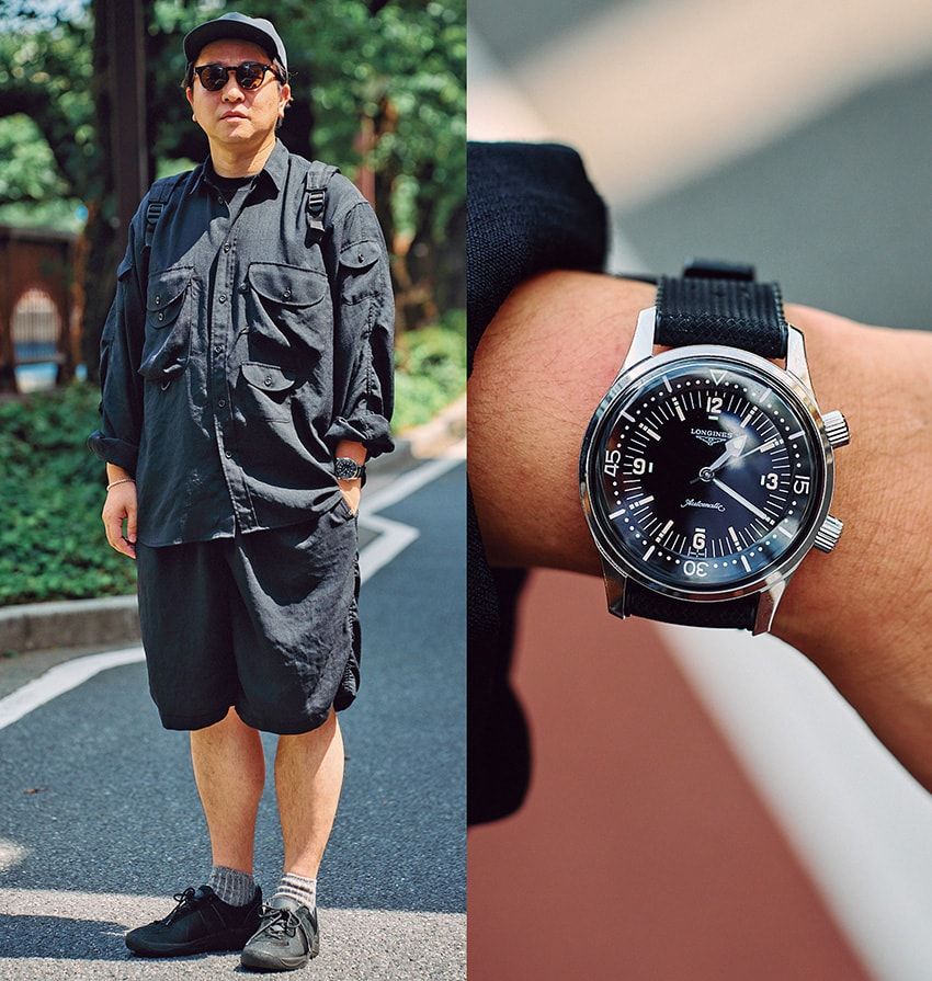 腕時計＝ロンジン　シャツ、パンツ＝ダイワ ピア39　スニーカー＝リプロダクションオブファウンド　メガネ＝ジンズ × スノーピーク