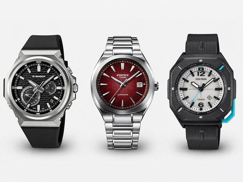 左からG-SHOCK「GST-B1000-1AJF」6万500円、EDIFICE「EFK-200D-4AJF」5万5000円、PRO TREK「PRJ-01AE-8JR」3万1350円。