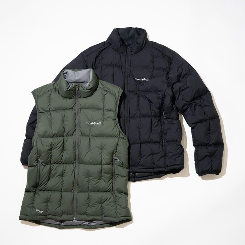 ［左］「ネージュダウンベスト Men’s」2万円、［右］「ネージュダウンジャケット Men’s」2万3900円（すべて4色展開）／モンベル（モンベル・カスタマー・サービス　06-6536-5740）