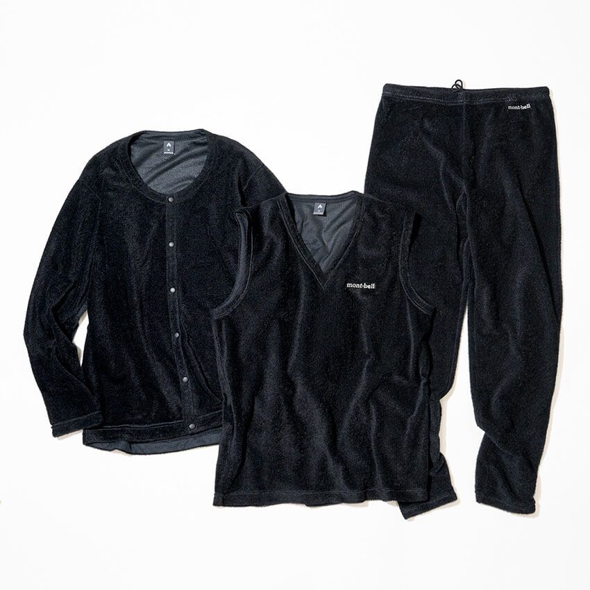 ［左］「クリマエアライトカーディガン Men’s」6200円、［中］「クリマエアライトベスト Men’s」4000円（以上2色展開）、［右］「クリマエアライトタイツ Men’s」4700円（1色展開）／モンベル（モンベル・カスタマー・サービス　06-6536-5740）