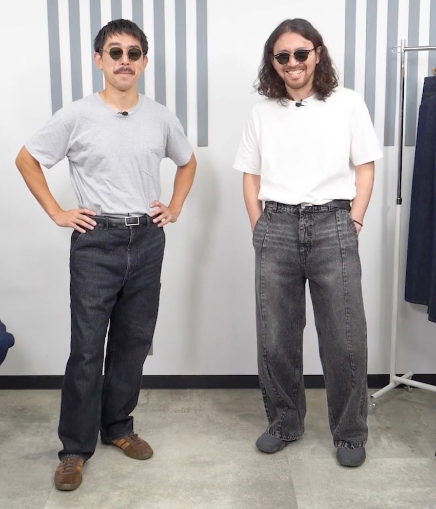 サカイ（OOOcm、OOkg）は「グローバルワーク」のLサイズを着用、ササオカ（176cm、63kg）は「ビームス ハート」のLサイズを着用