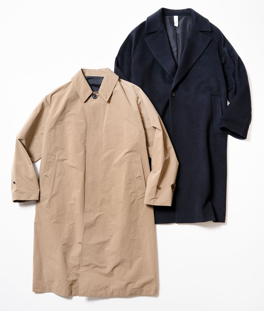 （左から）バルマカーンコート 7万1500円／ニュートラルワークス（ゴールドウインカスタマーサービスセンター　0120−307−560）、ネイビーコート 25万1900円／イーヴォ（トヨダトレーディング プレスルーム　03−5350−5567）