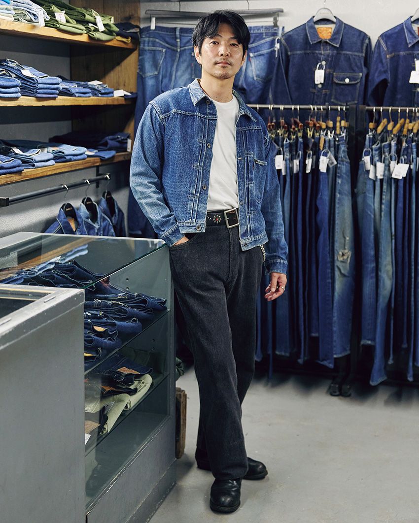 Gジャン、デニム、Tシャツ＝古着